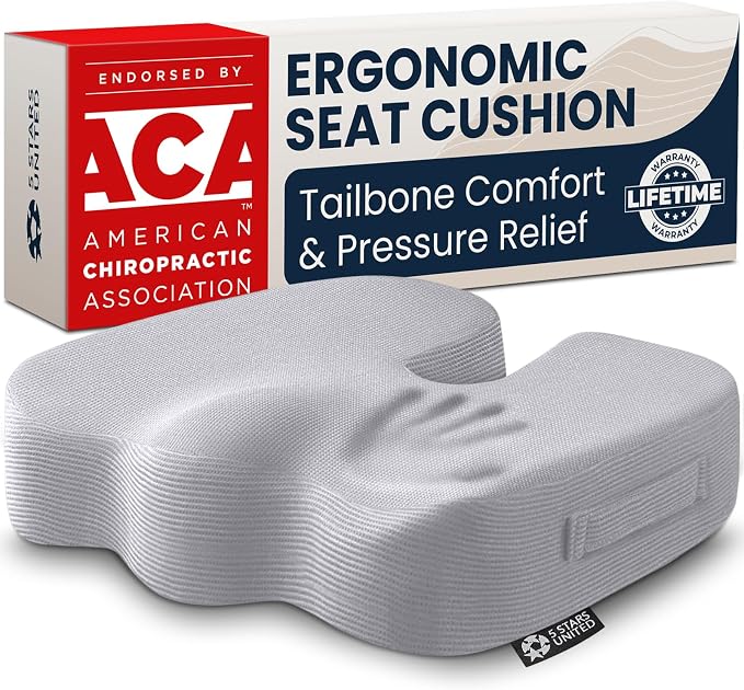 5 STARS UNITED Seat Cushion - Memory Foam Chair Cushion for Tailbone Pain Relief - Ergonomic Support for Coccyx, Sciatica & Butt - Office, Desk & Gaming Chair, Car Seat, Wheelchair, Airplane, L Gray by 5STARSUNITED