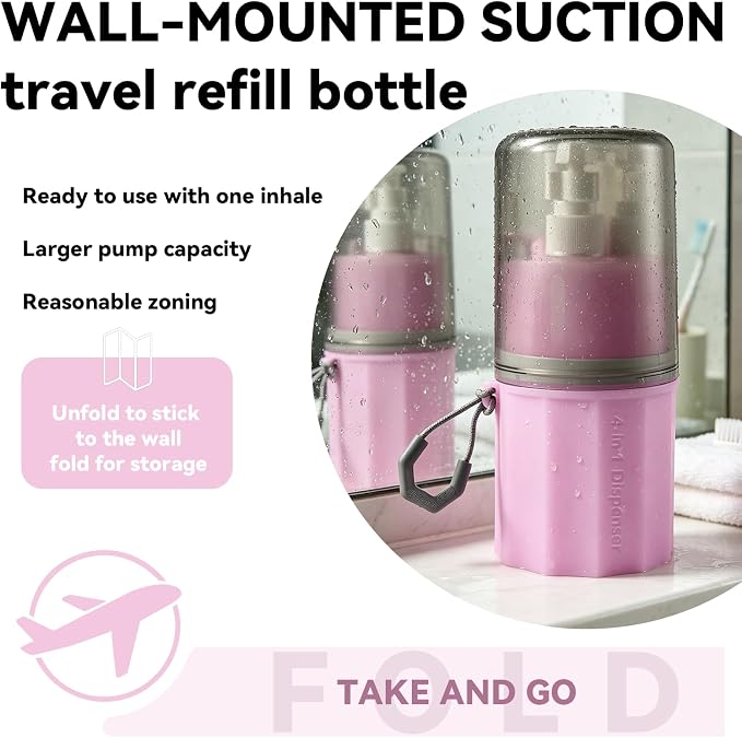 4 in 1 Travel Dispenser，Unbreakable Silicone Travel Dispenser Bottle, Vacuum Suction Wall Mounted Refillable Containers,Leakproof Toiletry Containers for Shampoo, Lotion, Baby Care-Pink. - Image 5