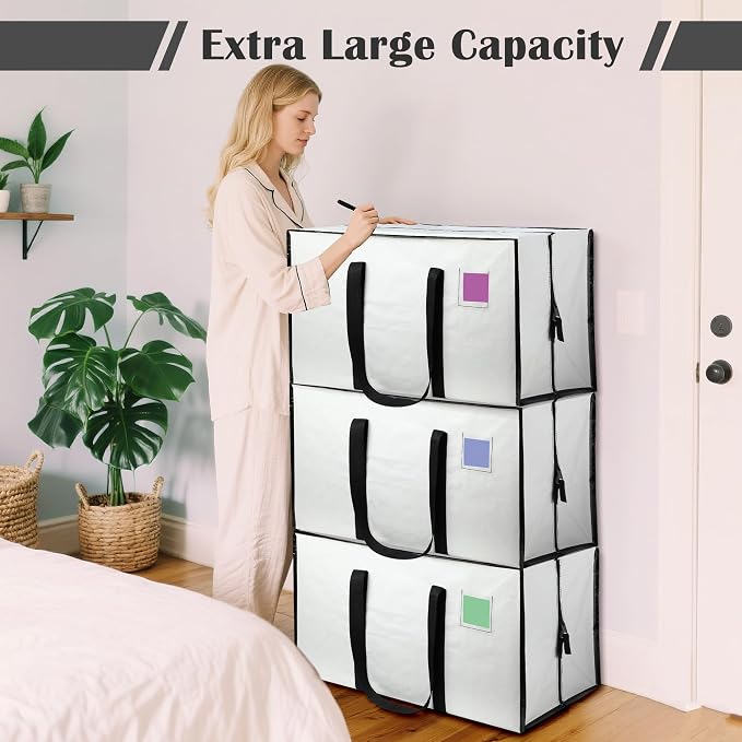 6 Pack Moving Bags Heavy Duty 210GSM with Full-Open Side Zipper, 93L 65lbs Waterproof Foldable Storage Totes for College Dorm Move-In, Moving Boxes Alternative & Home Organization,White - Image 3