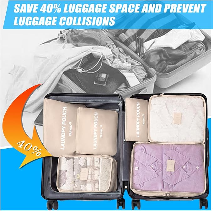 6 Set Packing Cubes for Travel Luggage Packing Bags Reusable Lightweight Suitcase Organizer Cubes Set for Travel Accessories (Beige‌) - Image 6