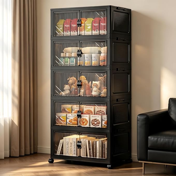 5-Tier Foldable Storage Cabinet with Wheels & Lid, 242QT Large Stackable Organizer, No Tool Required, Storage Cabinet for Garage, Home Office, Pantry, Kitchen, Dorm by FoldTrend