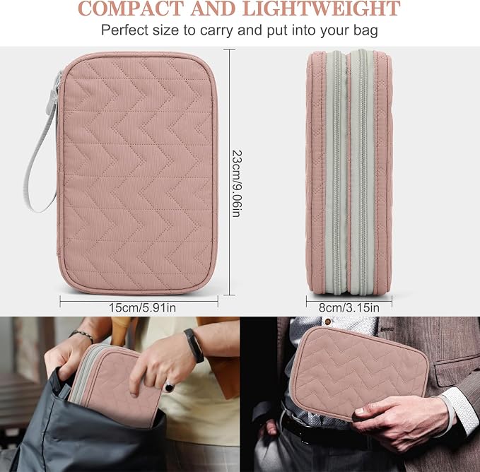 FYY Electronic Organizer, Travel Tech Pouch Bag, Large, Pink Quilted | Wrist Strap, Waterproof, Double Layers Portable Electronics Travel Carrying Case for Cord, Charger, Daily Business Trips Use - Image 2
