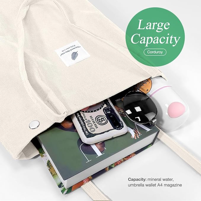 LHMTQVK Corduroy Tote Bags for Women, Large Capacity Tote Purse Reusable Grocery Shoulder Bag with Inner Pockets - Image 4
