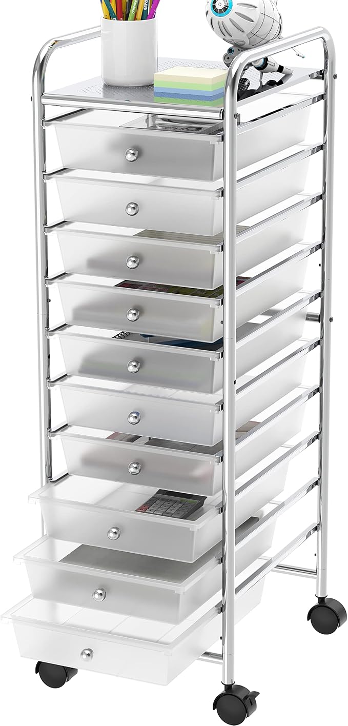 Simple Houseware 10 Drawers Rolling Utility Cart Organizer, Chrome | 1-Column, 36" Height, Lockable Wheels, for School, Office, Art Craft, and Paper Storage by SimpleHouseware