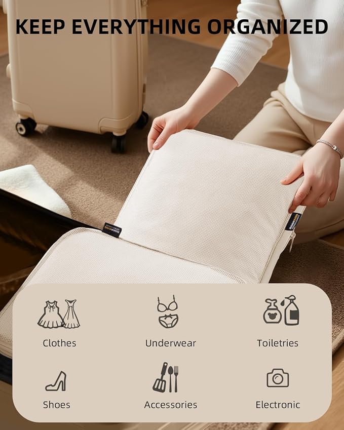 Compression Packing Cubes for Travel, 6-Piece Set (Large/Medium/Small), Double-Zip Luggage Organizers for Suitcase & Carry-On, Clothes Storage Bags (Cream White, 6 Pack) - Image 6