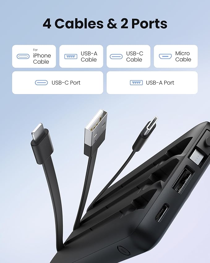 Portable Charger with Built-in Cables, Slim 10000mAh Power Bank with USB C, Travel Essentials External Battery Pack 5 Outputs 2 Inputs LED Display Compatible with iPhone/Android & More(Black) - Image 2