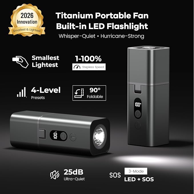 Titanium Alloy Handheld Fan - Portable Fan & Flashlight, 25dB Quiet BLDC, USB-C Rechargeable, Pocket Fan for Travel, Cruise, Concerts, Makeup, 2026 Summer Gifts for Women, Girls（Gray） - Image 2