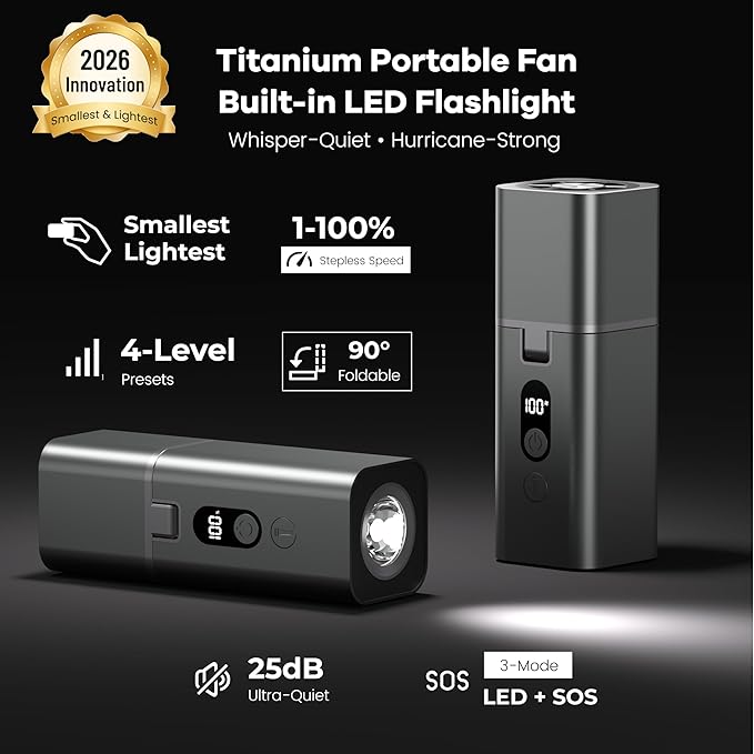 Titanium Alloy Handheld Fan - Portable Fan & Flashlight, 25dB Quiet BLDC, USB-C Rechargeable, Pocket Fan for Travel, Cruise, Concerts, Makeup, 2026 Summer Gifts for Women, Girls（Orange） - Image 2