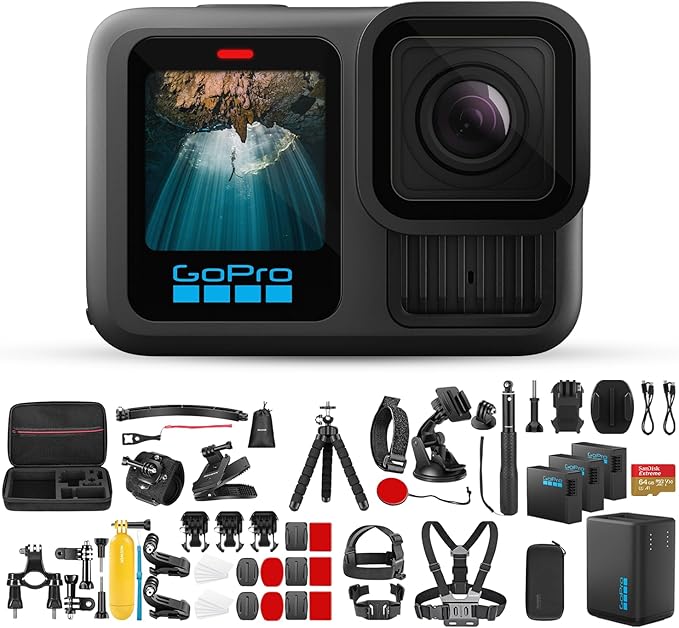 GoPro HERO13 Black Camera | Waterproof 5.3K60 Video Action Camera with 3 Spare Enduro Batteries, Dual-Battery Charger, 64GB Extreme SD Card, Case, and 50-in-1 Camera Accessory Kit - Bundle Set by Unknown