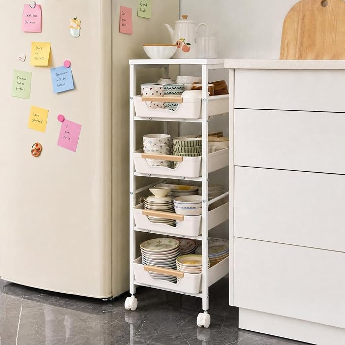 Garvee 5-Tier Slim Rolling Storage Cart, 9.5" Wooden Top Narrow Kitchen Carts on Wheels with Pull-Out Baskets, Mobile Shelving Unit Organizer for Kitchen, Bathroom, Laundry Room, Small Spaces - Image 2