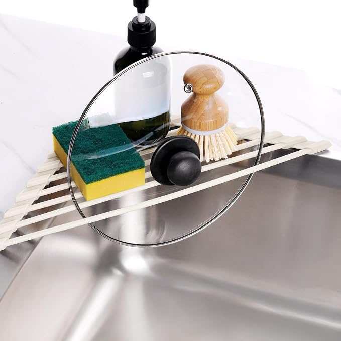 Tomorotec Triangle Roll Up Dish Drying Rack with Silicone Coating, White | 304 Stainless Steel with BPA-Free Silicone, Triangle Design Maximizes Sink Corner Space, Fits Compact Kitchens And RVs - Image 4
