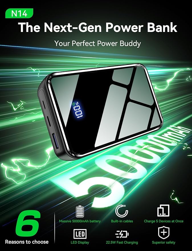 Portable Charger Power Bank 50000mAh, 22.5W Fast Charging & 50% Smaller Battery Pack with Built-in Cables, Travel Camping 4 Outputs, LED Display for iPhone, Android, iPad, Black - Image 4