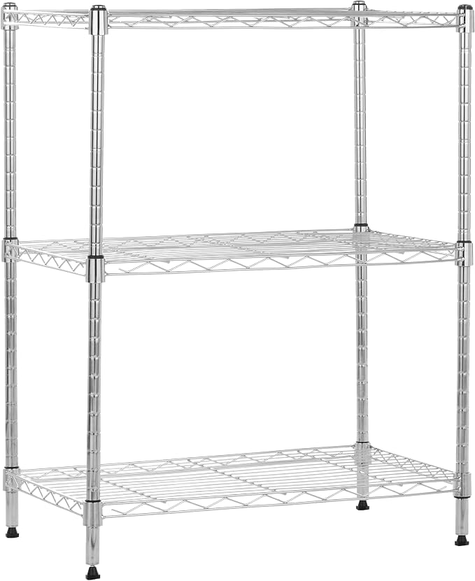 Amazon Basics 3-Shelf Adjustable Heavy Duty Steel Wire Shelving Rack with Chrome Finish, No-Tool Assembly, 250 lbs per Shelf, 23.2" L x 13.4" W x 30" H by AmazonBasics