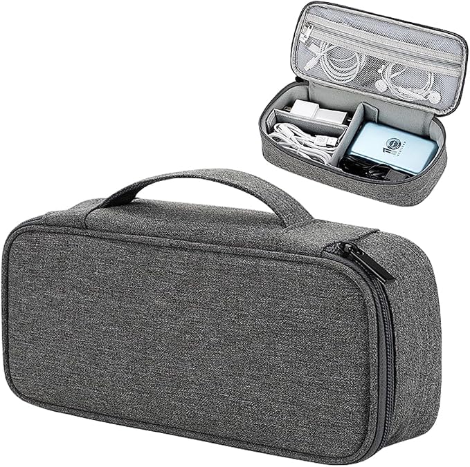 Teskyer Tech Organizer Pouch with Handle, Dark Grey | Water-Resistant Fabric, Adjustable Dividers, Multiple Compartments, Protective Lining, Travel and Office Use by TESKYER