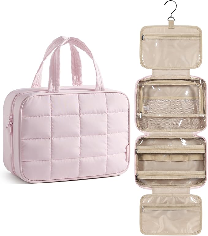 BAGSMART Travel Toiletry Bag for Womne, Hanging Travel Bag for Toiletries, Puffy Makeup Cosmetic Bag Organizer, Carry-on Travel Accessories Essentials, Pink by BAGSMART