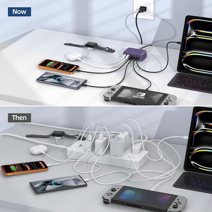 100W 6 in 1 USB Charger, 50% Smaller Charging Station for Multiple Devices | Fast Charging Blocks with Type C Port, USB Charging Hub Organizer Multiport Power Strip for iPhone,Samsung,Ipad,Kindle,Travel - Image 8