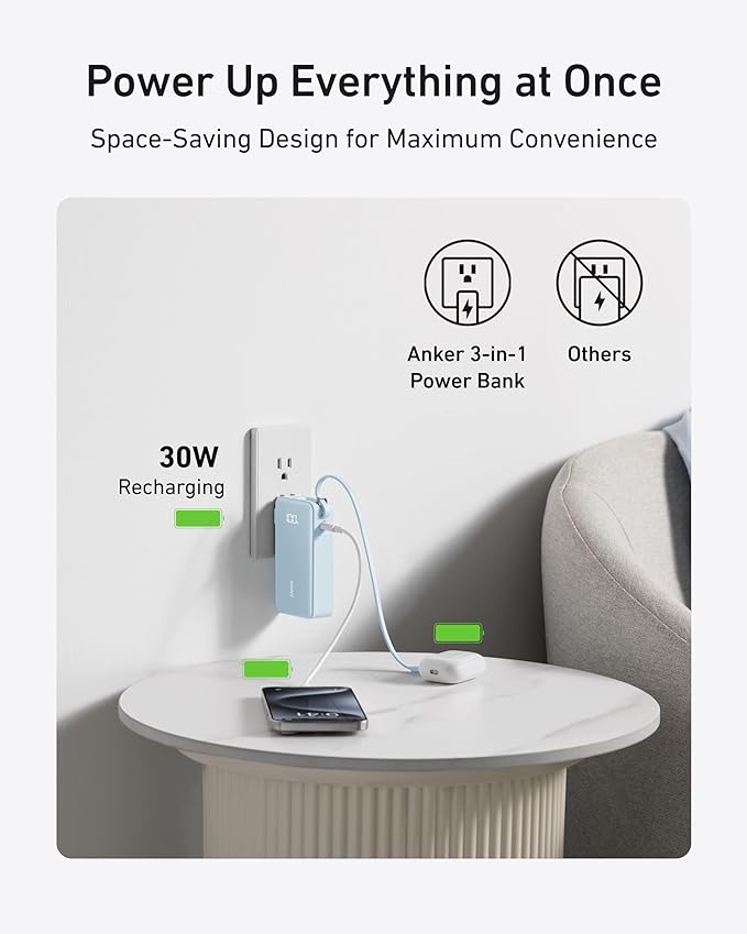 Anker Nano 3-in-1 Portable Charger,10,000mAh 30W Travel Power Bank | Battery Pack with Built-In USB-C Cable and Foldable Wall Plug, for iPhone 17 / 16 / 15 Series (Violet) - Image 5