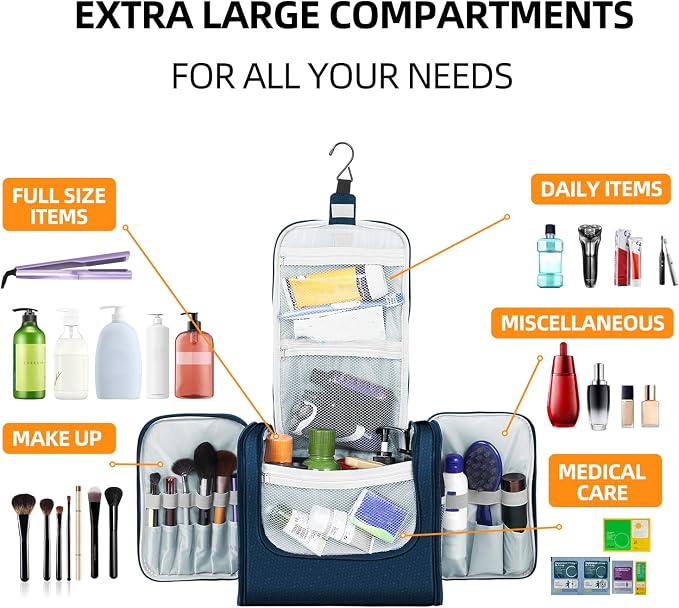 Buruis Extra Large Hanging Toiletry Bag for Women and Men, Blue | Honeycomb Nylon, Detachable Shoulder Strap, Dual Zippers, Metal Hanging Hook, Full-Size Toiletry Storage, Travel Essentials - Image 3