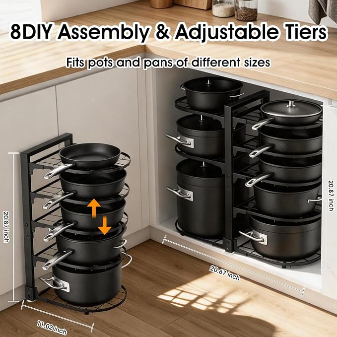 Adjustable Pot Rack: 8 Tier Pan Storage - 120LBS Kitchen Organizer | Create organized cookware space with flexible setup - perfect for compact homes - pantry areas and daily cooking routines - Image 2