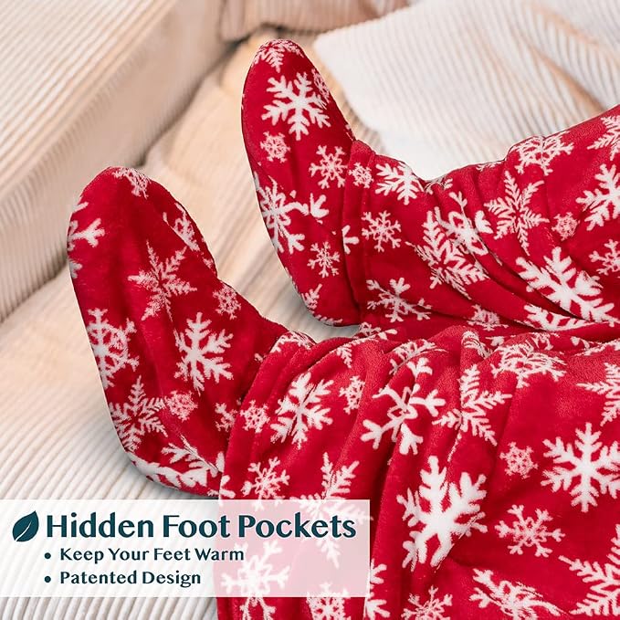PAVILIA Fleece Blanket with Sleeves, Foot Pockets for Women Men Adults, Plush Wearable Blanket Throw Wrap, Warm Snuggle Blanket Robe, Cozy Gift Ideas Wife Mom, Snowflake Red - Image 2