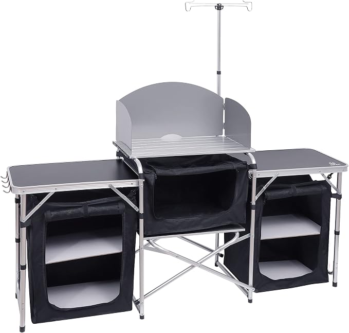 Nice C Camping Kitchen Table, Folding Cook Table, Cook Station (Silver) | Portable Grill Table, Upgraded Light Stand, Windshield, 3 Organizers, Carry Bag, Grill, Outdoor, Beach, BBQ, Picnic, Cooking by NiceC