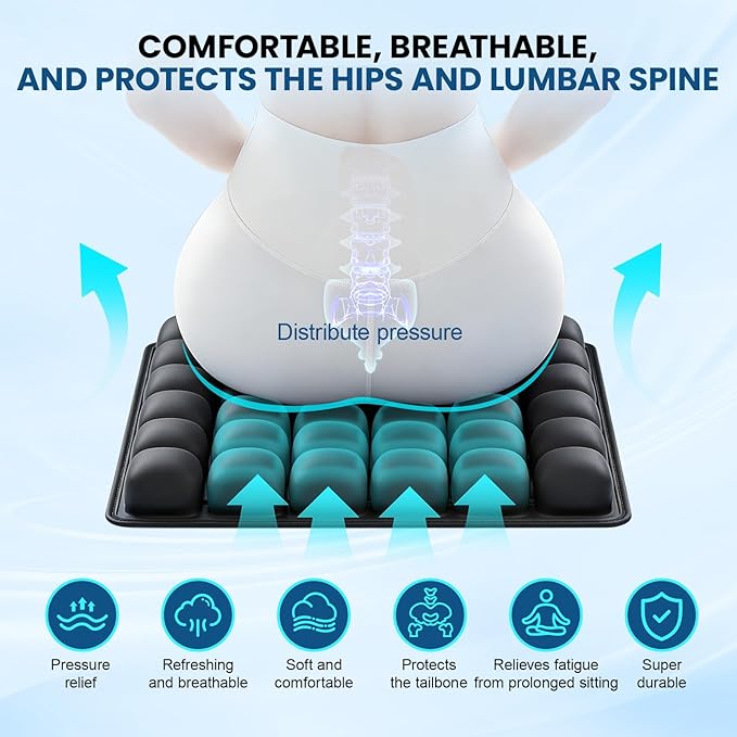 Inflatable Seat Cushion Press-to-Inflate Travel Airplane Car Office | 17.3"x17.3"x1.8", 36 cells, supports 330 lbs, ergonomic, pressure relief, lightweight, non-slip, foldable,no storage bag - Image 4
