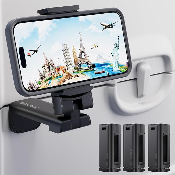 MiiKARE 3PCS Airplane Phone Holder Mount, Plane Travel Essentials, Black | Universal Hands-free Phone Holer with 360° Rotation for Flying, Accessory Travel Must Haves Phone Stand for Desk, Tray Table by MiiKARE