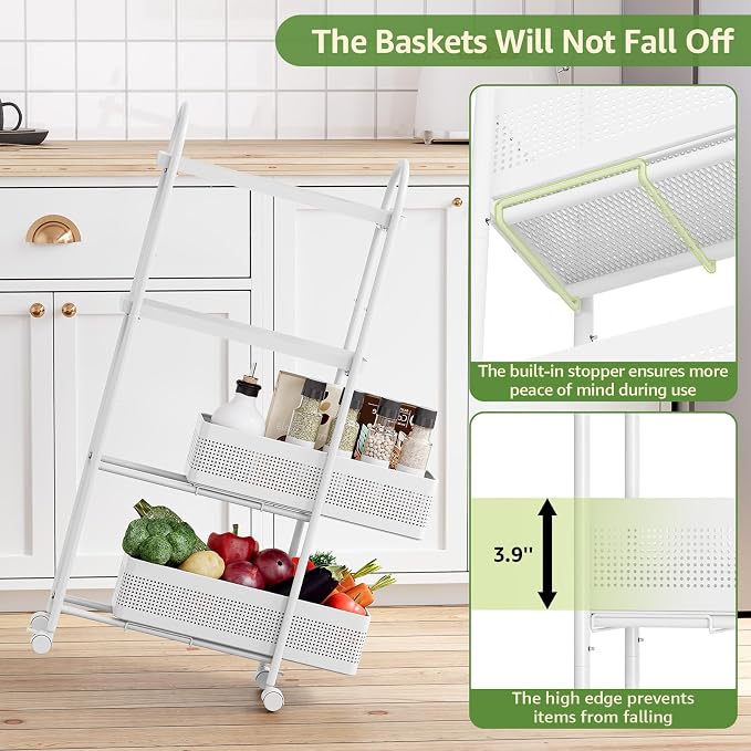 KINGRACK 4 Tier Slim Rolling Cart with Drawer, Metal Utility Storage Cart | 2 Pull-out Baskets, Lockable Wheels, Narrow Space Trolley Organizer for Bathroom, Kitchen, Office, Dorm, Laundry Room, White - Image 3