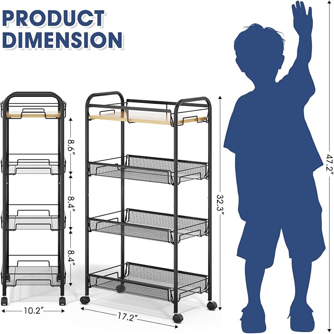TOOLF 4-Tier Rolling Cart, Metal Utility Cart, Slide Out Storage Cart with Wooden Tabletop and Mesh Baskets, Easy Assemble Trolley for Kitchen Bathroom Laundry Room Bedroom Apartments Dormitory - Image 2