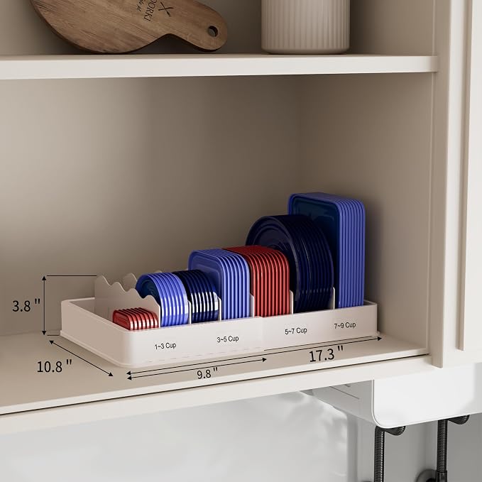 SWOMMOLY Expandable Food Container Lid Organizer for Kitchen Cabinet | Expands 9.8" to 17.3", Lid Holder with 6 Adjustable Dividers, 30 Writable Labels for Cabinets, Drawers and Pantry Storage - Image 3