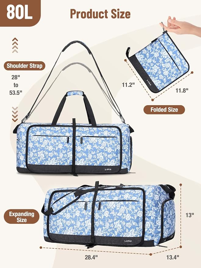 Lekesky Foldable Travel Duffle Bag for Women, Large Duffel Bag with Separate Shoes Compartments & Straps, Carry On Weekend Bag for Women (Blue Floral Print, 80L) - Image 3