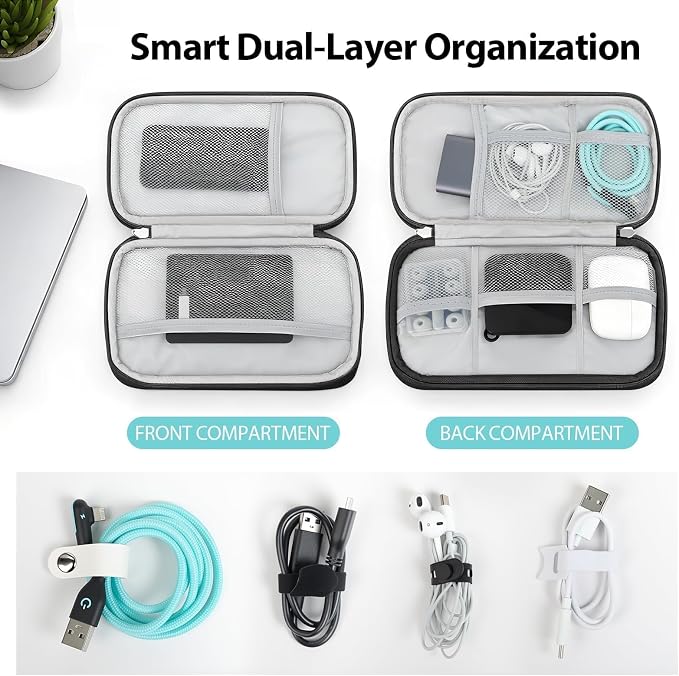 Double Layer Electronics Organizer, Travel Tech Pouch, Black | Water-resistant Oxford fabric with padded lining. 8 compartments organize 3ft+ cords and chargers. Includes 8 cable ties. - Image 3