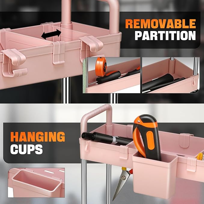Auto Dynasty 3-Tier Rolling Utility Cart w/Handle, Narrow Storage, Pink | Sturdy Steel Frame, Smooth-Rolling Casters, Multifunctional Shelves, Space-Saving Slim Design, for Office/Kitchen/Bathroom - Image 7