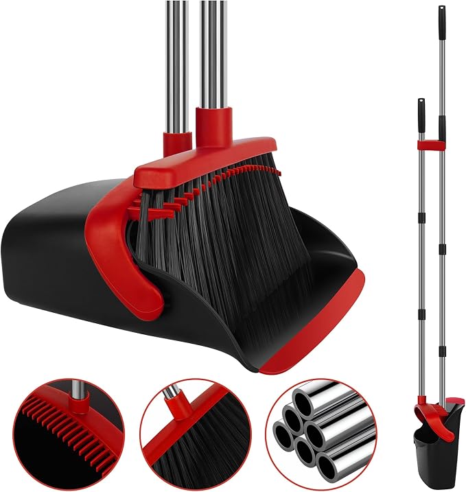 Red Broom and Dustpan Combo Set, 55" Long Handle Broom | Large Area Outdoor Cleaning, Extended Reach Design, Built-in Comb Dustpan, Foldable Storage for Garage, Patio & Home by UDUK