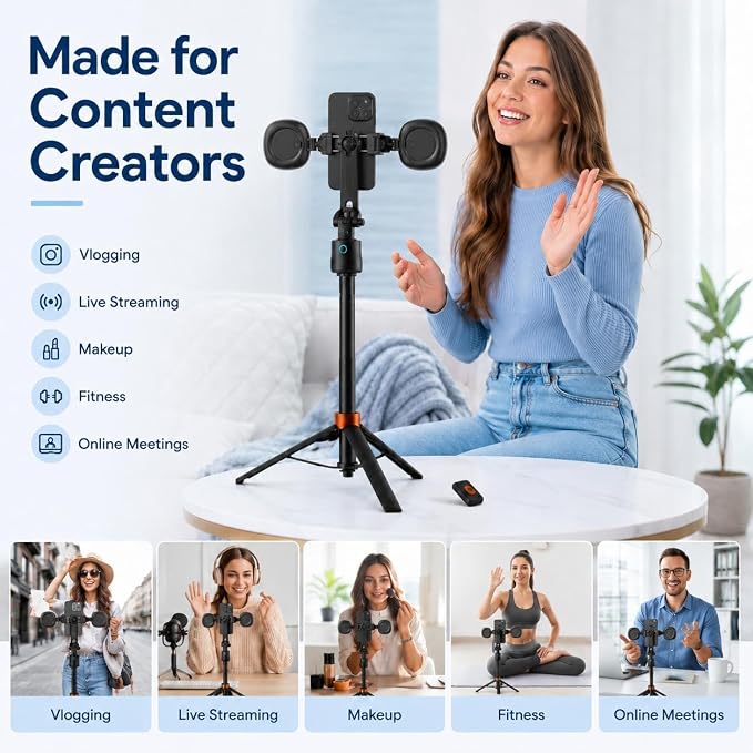 70" Auto Face Tracking Tripod with Light, 360° Smart Phone Stand with Remote, Selfie Stick for iPhone Android, No App Needed, Video Recording Vlogging Live Streaming - Image 7