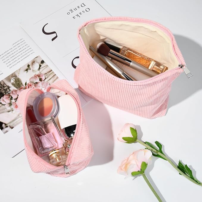 SOIDRAM 2 Pieces Makeup Bag Large Corduroy Cosmetic Bag Capacity Canvas Mix Travel Toiletry Bag Organizer Cute Makeup Brushes Aesthetic Accessories Storage Bag for Women, Corduroy Mix Pink - Image 5