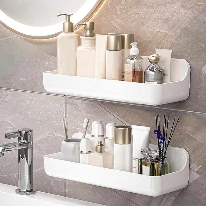 CGBE 2-Pack Adhesive Shower Shelves, Acrylic Bathroom Wall Caddy, White | No Drilling, Acrylic Organizer, Drain Holes, Removable Design, Bathroom Wall and Bathtub Storage by CGBE