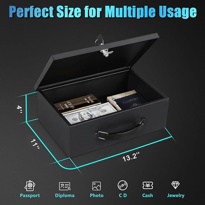 xydled Fireproof Document Box with Key Lock, Fire Safe Box, Black | Fire and water resistant lock box for documents, passports, cash and valuables, keeping secure at home, 13.2 x 11 x 4 Inch - Image 6