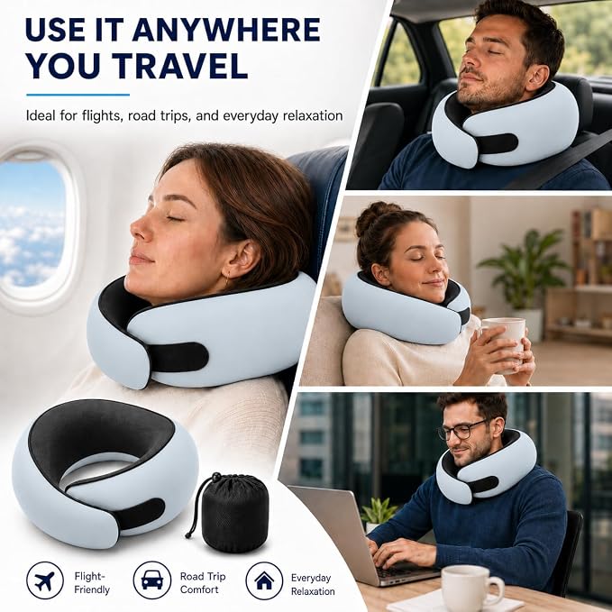 Travel Neck Pillow for Airplanes, Pure Memory Foam Neck Pillow with Washable Cover and Storage Bag, Ergonomic 360° Support for Sleeping, Car, Office, Home, Black - Image 8