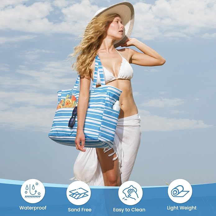 Trifabricy Beach Bags for Women, Waterproof Large Tote Bag With Zipper | Waterproof Sandproof, Zipper Closure, Wet Pocket, For Beach Gym Travel Shopping Vacation, Durable Lightweight, Easy Clean - Image 6