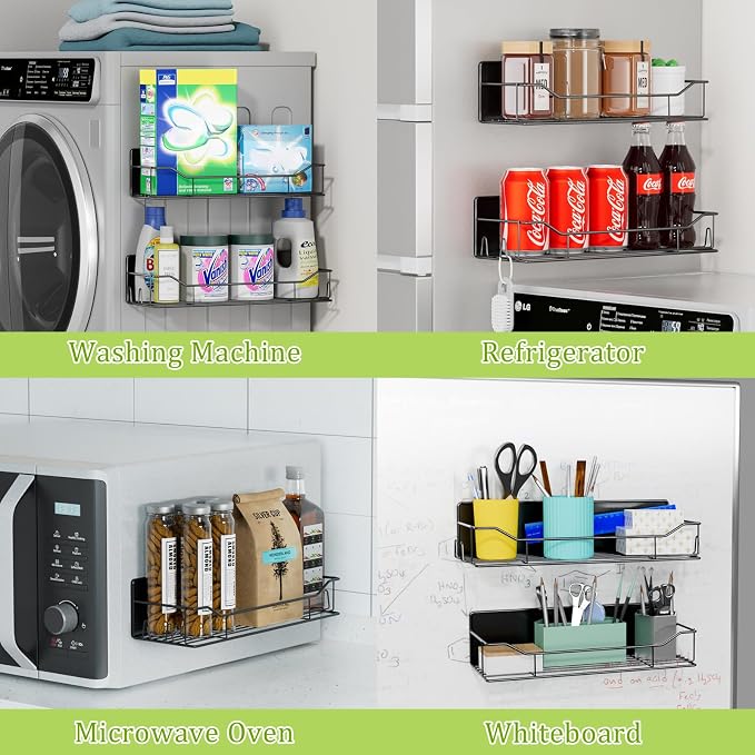 Magnetic Spice Rack for Refrigerator, 5 Pack Metal Strong Magnet Spice Organizer Shelves with Hook Rack, Space Saving Magnetic Fridge Shelf for Home Kitchen Organization and Storage (Black) - Image 6