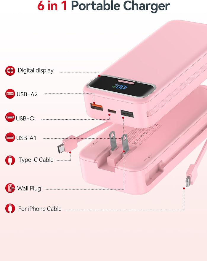 aonidi Portable Charger 20000mAh with Built-in Cables&AC Wall Plug, Pink | PD20W Fast Charging,Travel Essential,TSA Approved,LED Display,All in One USB C Power Bank for All Cell Phones Devices - Image 2