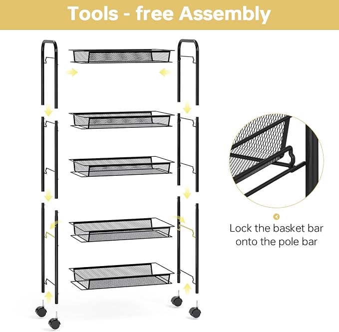 TOOLF 5 Tier Rolling Cart, Metal Utility Storage Cart with Wheels, Black | 3 Hooks, Screwless Assembly, Trolley Organizer for Bathroom, Kitchen, Office, Nursery, Dorm, Laundry Room - Image 3
