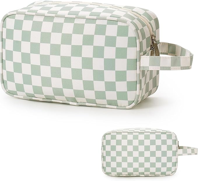 Narwey Travel Toiletry Bag for Women Traveling Dopp Kit Travel Bag for Toiletries Cosmetic Bag Makeup Bag Medicine Bag for Traveling (Mint Green Checkerboard) by Narwey