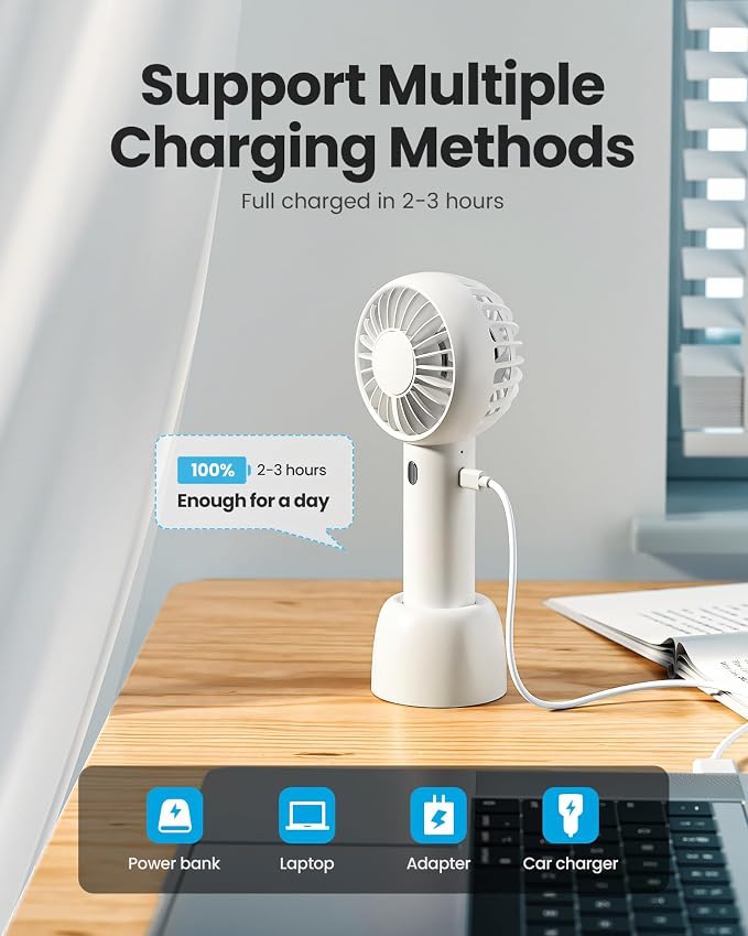Gaiatop Mini Portable Fan, Small and Powerful, Cute Design 3 Speed Personal Handheld fan and Desktop with Base, Lightweight USB Rechargeable for Travel Lash Makeup Girl Women Summer Gift White | Powerful 3 Speed with Desktop Base, Lightweight, Battery ... - Image 6