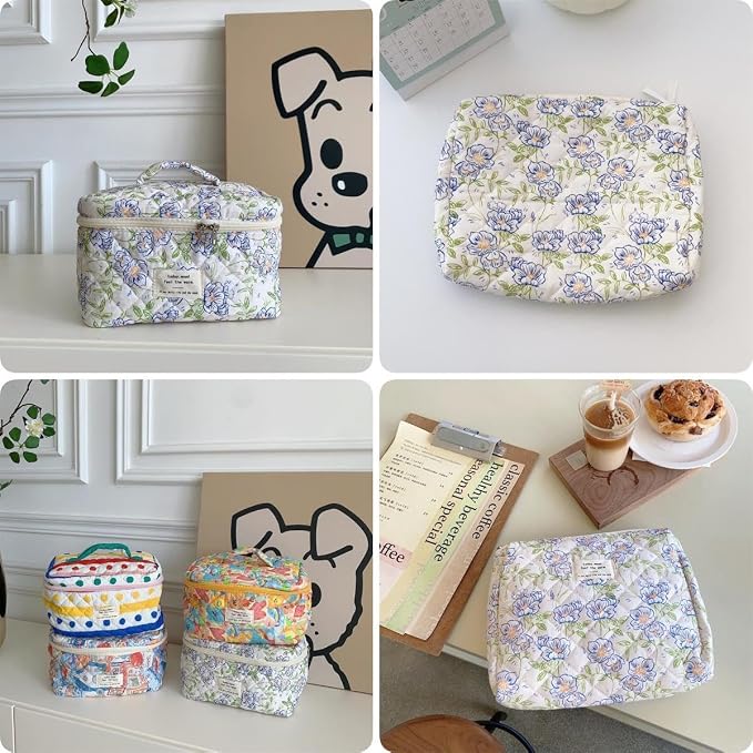 Fcteap Makeup Bag Travel Essentials Quilted Cosmetic Toiletry Pouch Organizer Insert for Women Dorm Room Essential Gift Large Capacity Opening Lightweight Cute Aesthetic Portable 2PCS (Flower) - Image 3