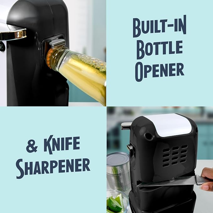 Nostalgia Retro Electric Can Opener for Kitchen with Magnetic Lid Remover, Knife Sharpener, and Soda or Beer Bottle Opener, Black - Image 4