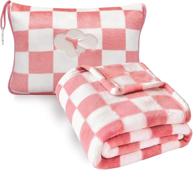 Travel Blanket and Pillow Compact, Premium Soft 2 in 1 Airplane Blanket with Soft Bag Pillowcase，Hand Luggage Sleeve and Backpack Clip (Ckeckered Pink) by JungleStar
