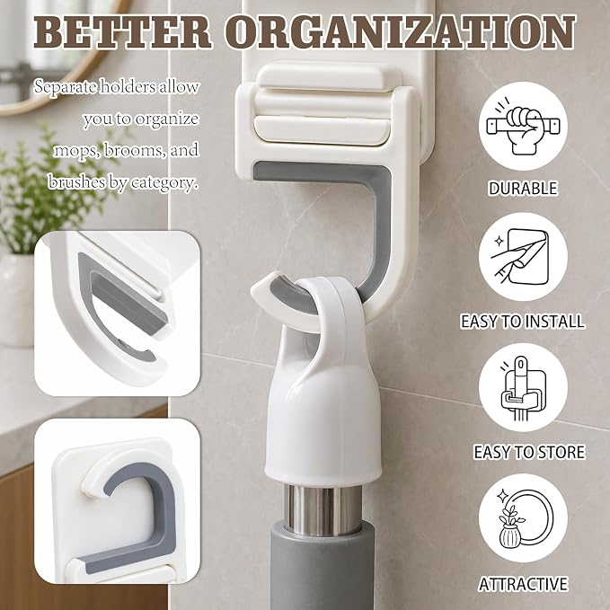 White 3-Pack Broom & Mop Wall Organizer – No-Drill Gripper Hanger for Household Cleaning Tools. - Image 5