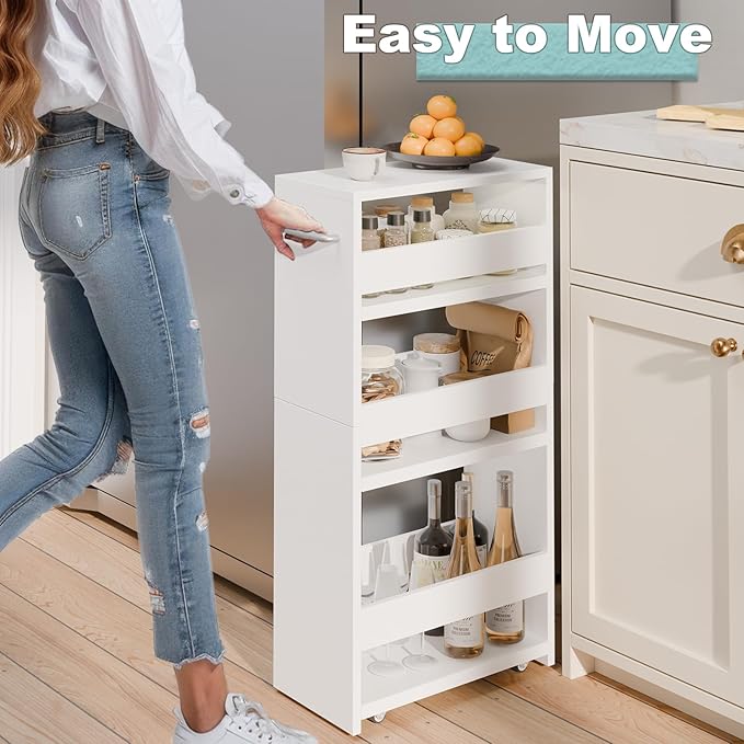 MARTY Slim Rolling Storage Cart, Wood Utility Kitchen Bathroom Laundry Cart | 4 Tier Kitchen Cart with Wheels Handle, Laundry Room Organization Between Washer and Dryer, Narrow Storage Cabinet, 8” Wide - Image 2